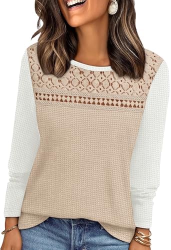 A crochet lace panel sets off the soft waffle knit of this long sleeve beige white top for cool mornings and relaxed office days.