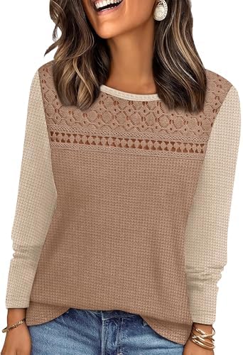 A textured waffle knit top in khaki beige, finished with delicate crochet lace across the upper chest and long sleeves.
