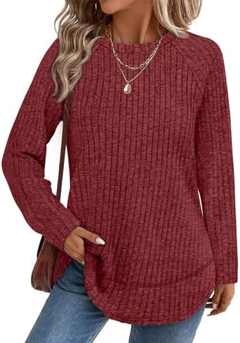 A curved high-low hem and clear red ribbed knit make this lightweight long-sleeve top easy to layer over leggings.