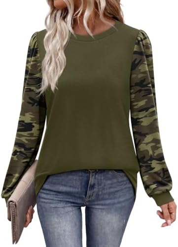 Contrast camo sleeves add subtle texture to this soft army green crewneck top with an easy tunic cut.