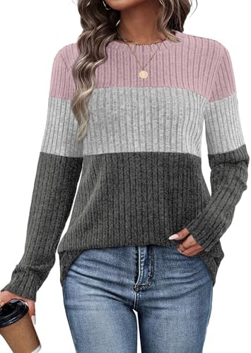 Soft heather grey meets a dusty pink panel across the chest and sleeves on this lightweight, easy-care sweater.