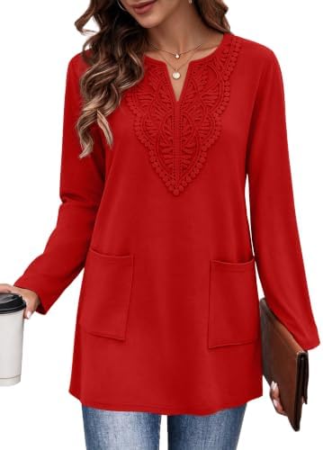 A bold plain red knit tunic cut long with soft lace trim and two practical side pockets for cooler days.
