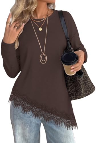 A deep coffee brown long-sleeve knit trimmed with an asymmetrical lace hem for easy layering across cool days.