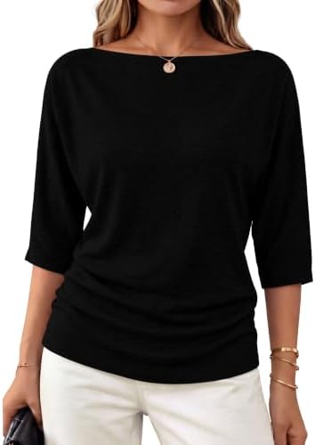 Cut in deep black knit, this boat-neck top features three-quarter batwing sleeves and a relaxed, easy drape.
