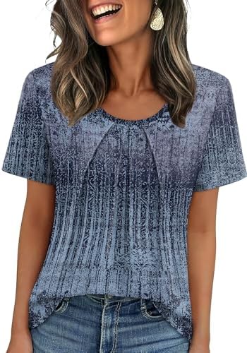 Swirled shades of Print 07 give this roomy summer scoop neck blouse a lively look that pairs easily with denim shorts.