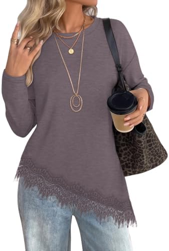 A dusty grey purple knit pairs with delicate lace trim along an asymmetrical curved hem for cool mornings and long commutes.