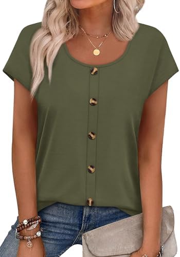 Cap sleeves and neat front buttons give this army green summer top a polished look that pairs easily with khaki trousers or denim.
