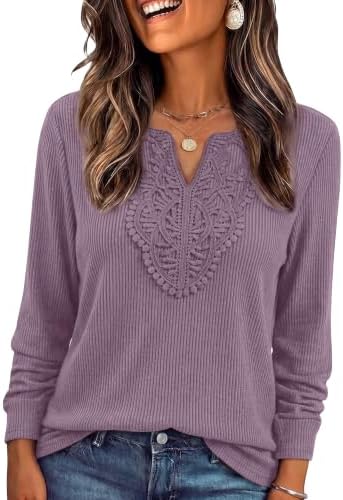 A soft purple ribbed knit shaped with long sleeves and delicate lace detailing along the neckline for cooler days.