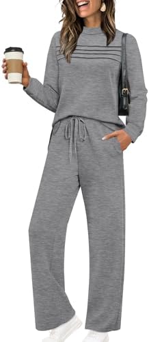 Heathered grey spacer knit pairs a long sleeve crewneck top with cropped wide leg pants for crisp mornings and relaxed afternoons.