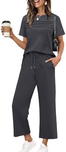 Soft spacer fabric gives this dark grey short sleeve top and cropped wide leg pant set a clean, fluid drape.