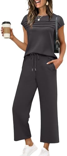 A soft four-way stretch spacer knit in deep dark grey, paired with a cap-sleeve top and breezy wide-leg cropped pants.