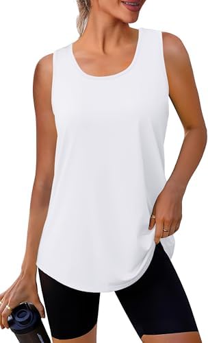 A relaxed white tank cut from moisture-wicking stretch knit with a curved hem for warm workout days.