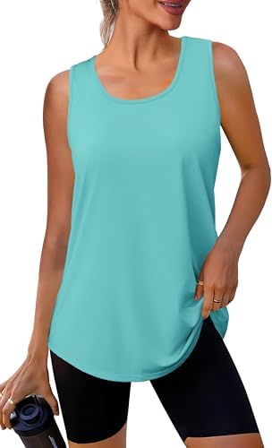 A turquoise tank cut loose through the waist with a curved hem and sweat-wicking knit for warm days.