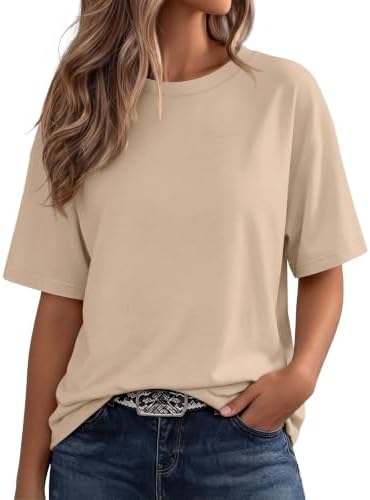 A relaxed beige crewneck tee cut roomy through the shoulders and torso for breezy summer mornings.